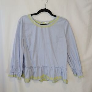 Crown & Ivy Peasant Top, Blue White Stripes Yellow Embroidered, Women's sz Large